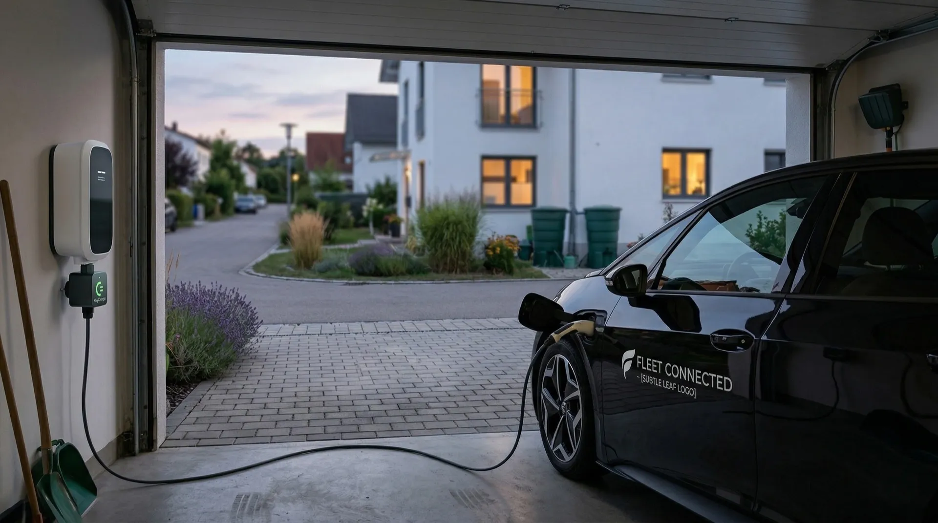 Company car being charged at a HeyCharge wallbox at home