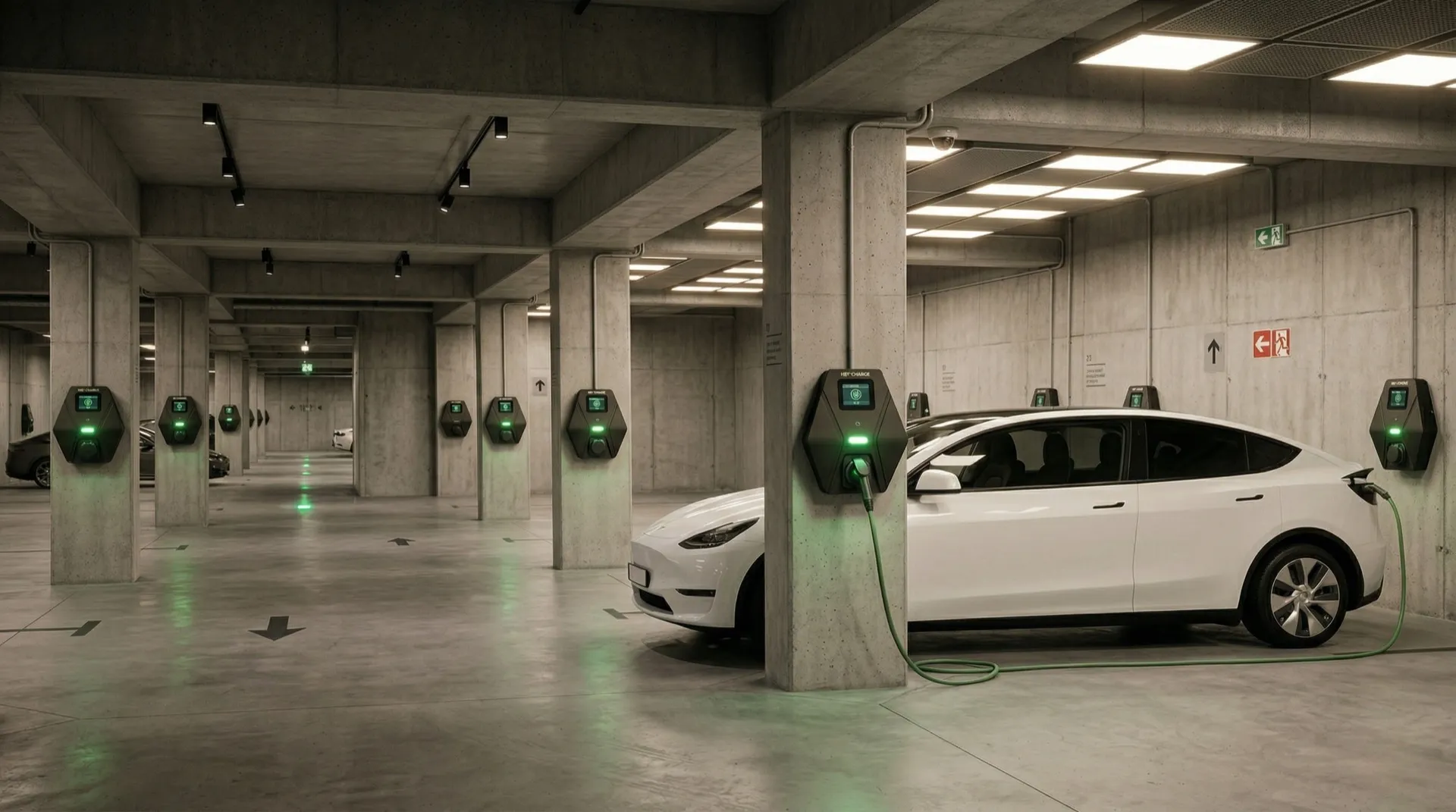 HeyCharge wallboxes in an underground parking garage