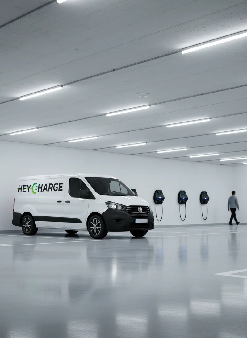 HeyCharge service team with charging infrastructure in an underground parking garage