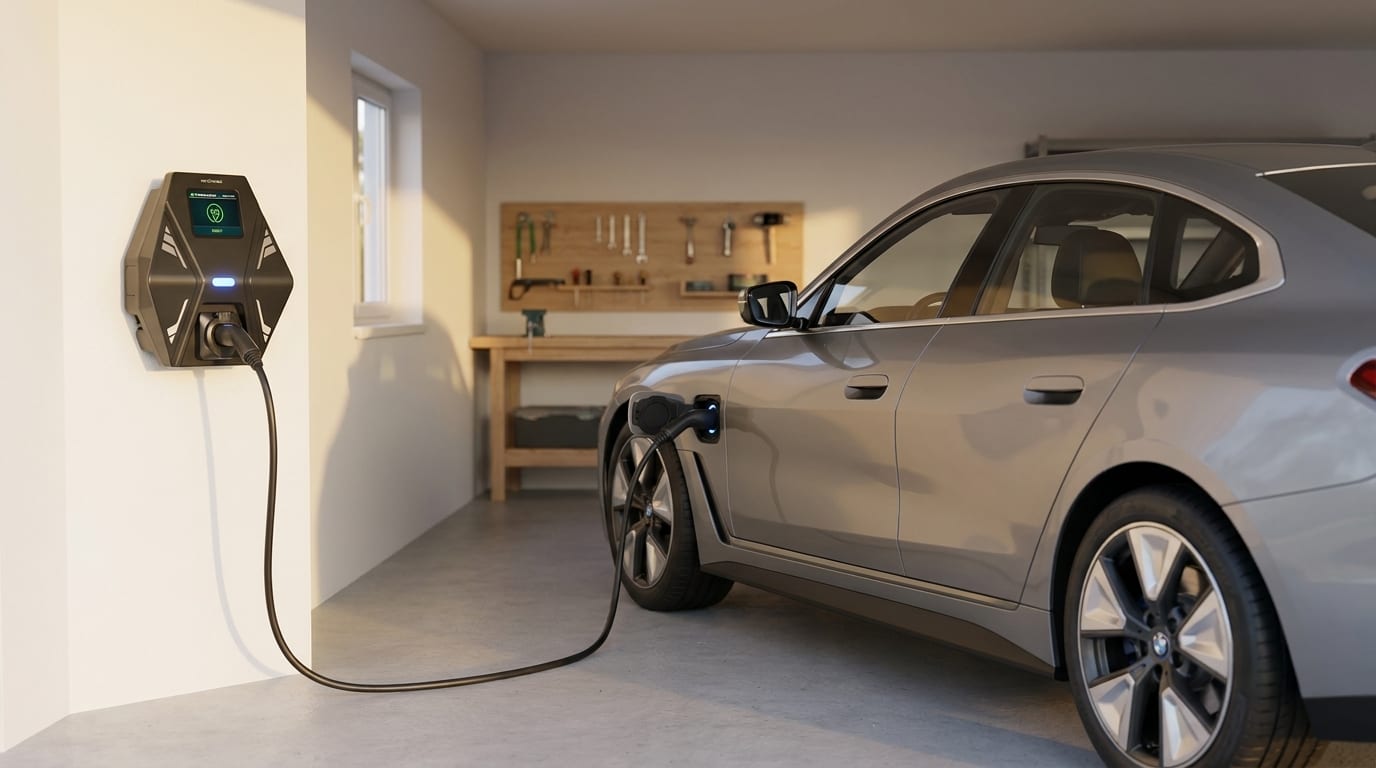 E-Dienstwagen wird in der Privat-Garage des Mitarbeiters geladen — Symbol für Heimladung mit Arbeitgeber-Abrechnung