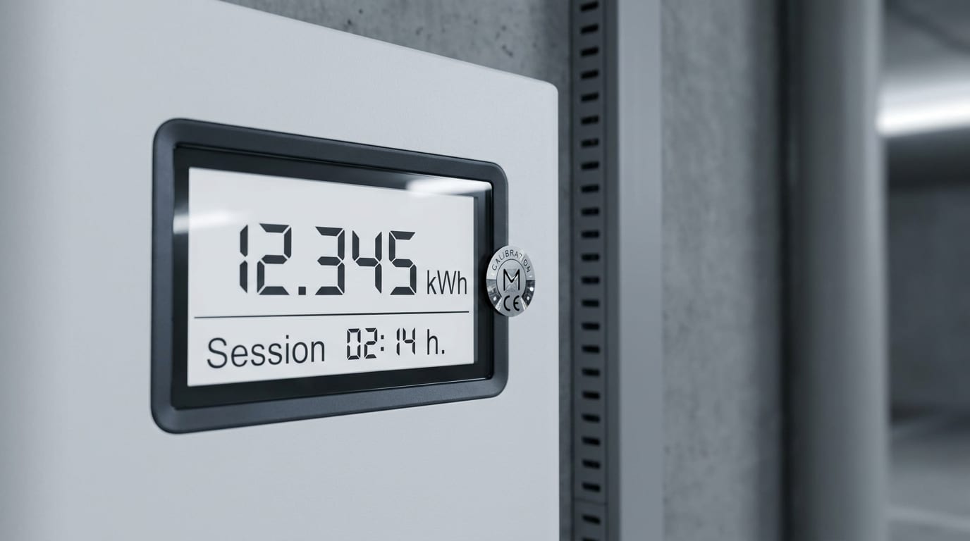 Display einer Wallbox mit eichrechtskonformer Messung und PTB-Zertifizierungs-Hinweis