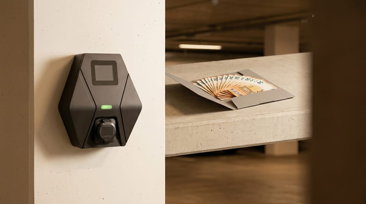 Wallbox in an underground garage of a German multi-unit residential building, with euro banknotes symbolising the federal 'Laden im Mehrparteienhaus' funding program