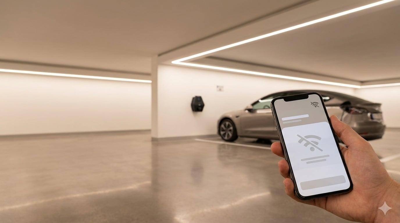 EV driver standing in an underground garage in front of a charging station, looking at a smartphone with no signal