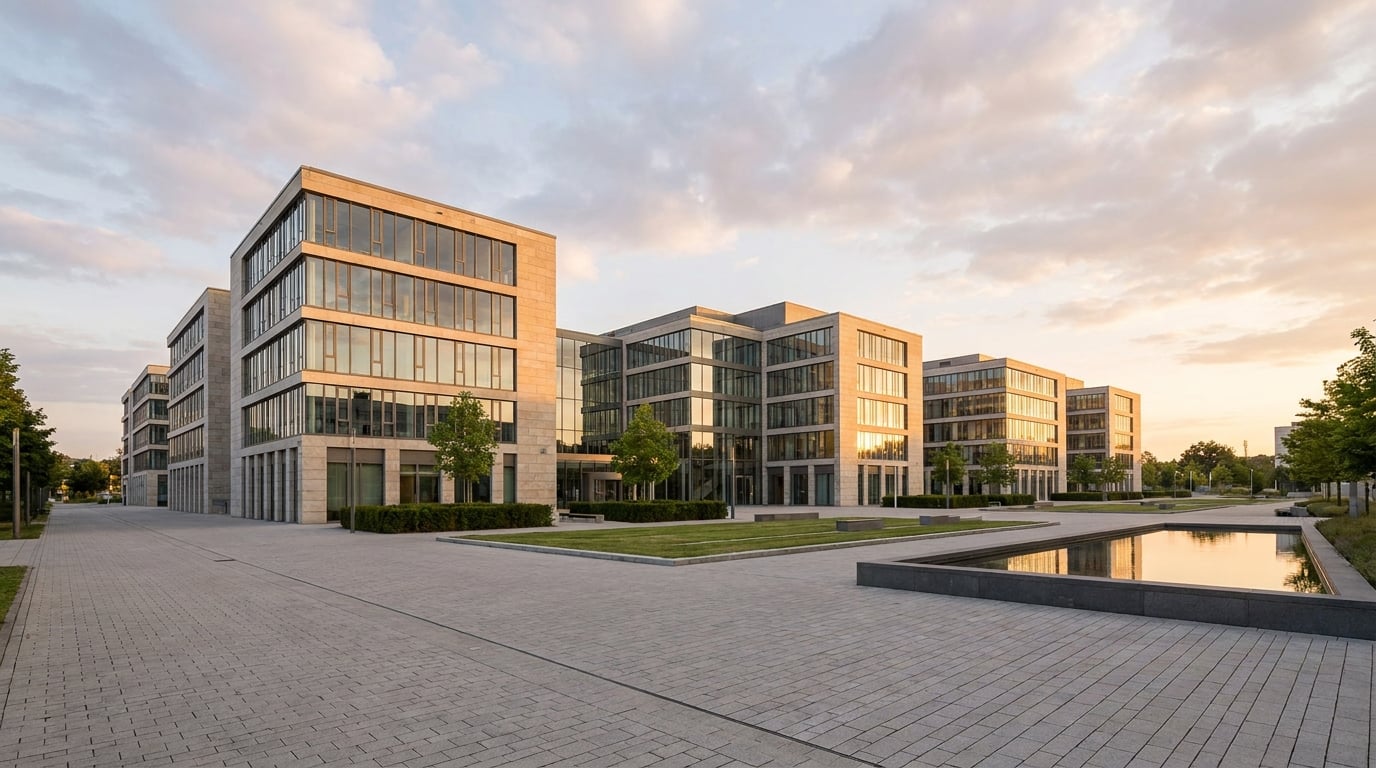 Modern underground parking garage of a commercial office building in Germany with HeyCharge charging infrastructure