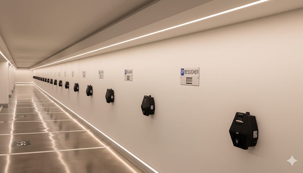 HeyCharge Ladeinfrastruktur in einer Tiefgarage eines Mehrfamilienhauses