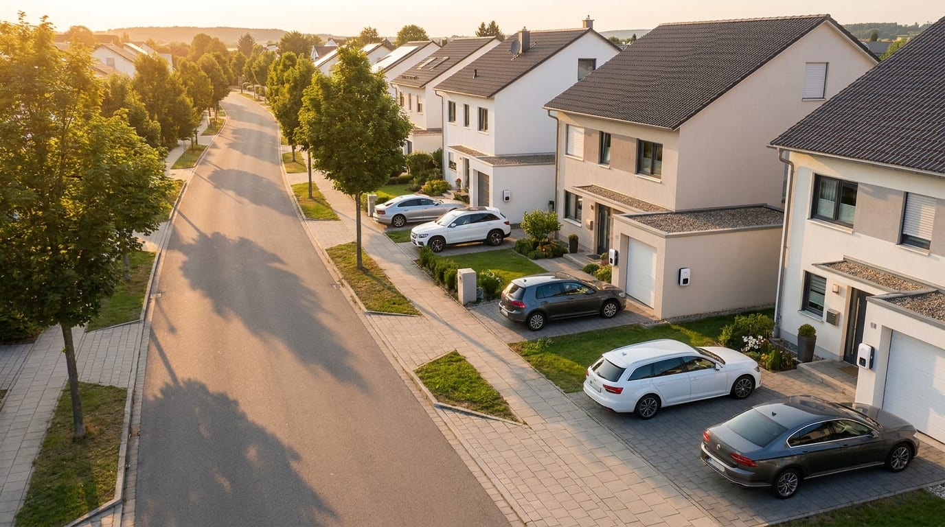 Mitarbeiter mit Firmenwagen vor seiner Heim-Wallbox — Symbol für den unternehmensweiten Rollout von Lade-Infrastruktur