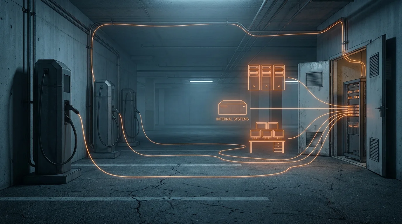 Konzeptuelle Illustration: nicht vertrauenswürdige Ladestationen in einer Tiefgarage, verbunden über orange leuchtende Datenlinien mit einem Server-Rack und abstrakten Symbolen einer INTERNAL SYSTEMS-Box, eines Server-Racks und einer Workstation-Gruppe — Visualisierung der IoT-Angriffsfläche, die konventionelle Ladeinfrastruktur einem Netzwerk hinzufügt.